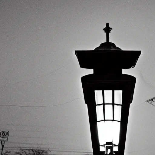 Image similar to the Babadook lurking underneath a street lamp in black and white