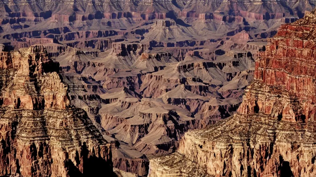 Image similar to an atmospheric film still by Ridley Scott featuring a dark gothic cathedral carved out of rock at the top of the grand canyon