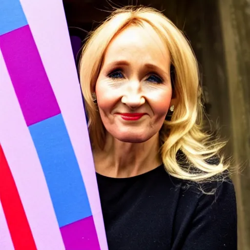 Prompt: JK rowling holding a bisexual flag