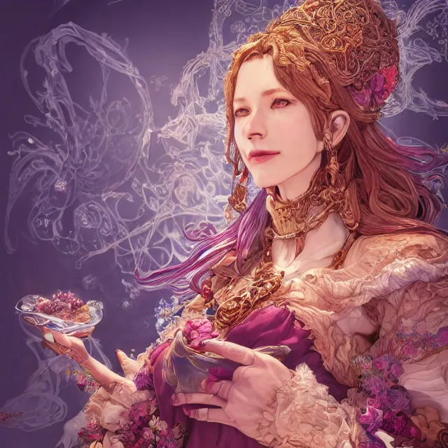 Image similar to the portrait of chaotic good female druid alchemist as absurdly beautiful, gorgeous, elegant, mature happy woman, an ultrafine hyperdetailed illustration by kim jung gi, irakli nadar, intricate linework, sharp focus, bright colors, octopath traveler, final fantasy, unreal engine 5 highly rendered, global illumination, radiant light, detailed and intricate environment