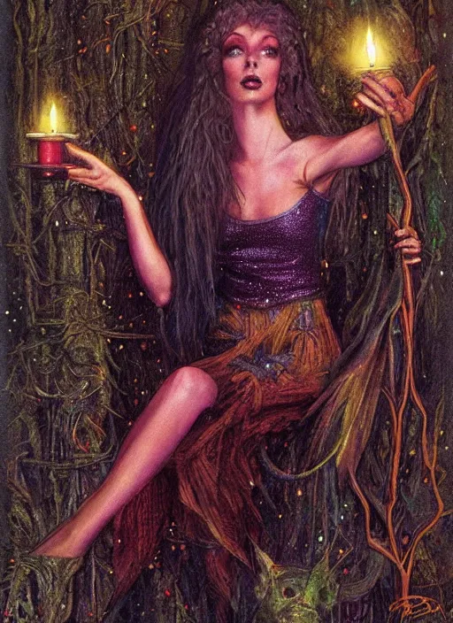 Prompt: seventies slim young horror actress, sequin top, candlelit forest, strong line, deep color, beautiful! coherent! by brom, by brian froud