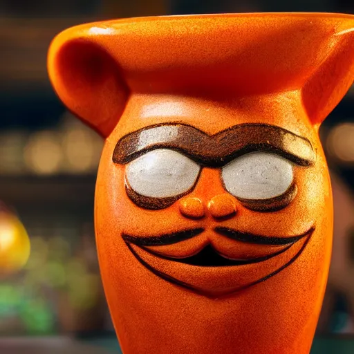 Image similar to a closeup photorealistic photograph of an orange cat garfield style tiki mug sitting at a trader vic's bar featuring garfield's face. tiki party. bright scene. fine detail. this 4 k hd image is trending on artstation, featured on behance, well - rendered, extra crisp, features intricate detail, epic composition and the style of unreal engine.