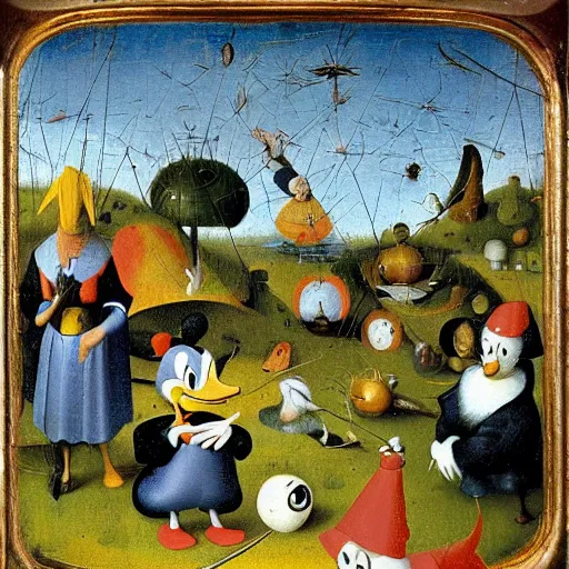 Image similar to donald duck in the garden of earthly delights by hieronymus bosch.