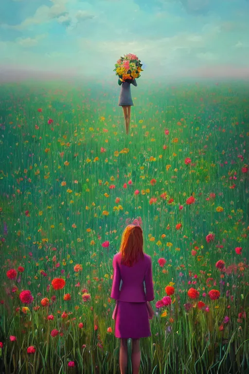 Image similar to closeup, giant flower head, girl in suit standing in a field of flowers, surreal photography, sunrise, blue sky, dramatic light, impressionist painting, digital painting, artstation, simon stalenhag