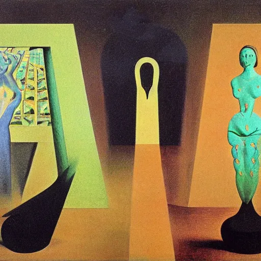 Prompt: visions of xanadu, by marcel duchamp, salvador dali, rene magritte, andre breton