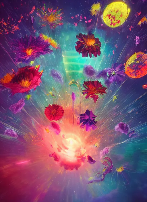 Image similar to An epic fantastic realism comic book style painting of the most beautiful spinning flowers floating into the dark cosmos, exquisite bouquets, fisheye, a star explodes into rainbows, unreal 5, DAZ, hyperrealistic, octane render, dynamic lighting