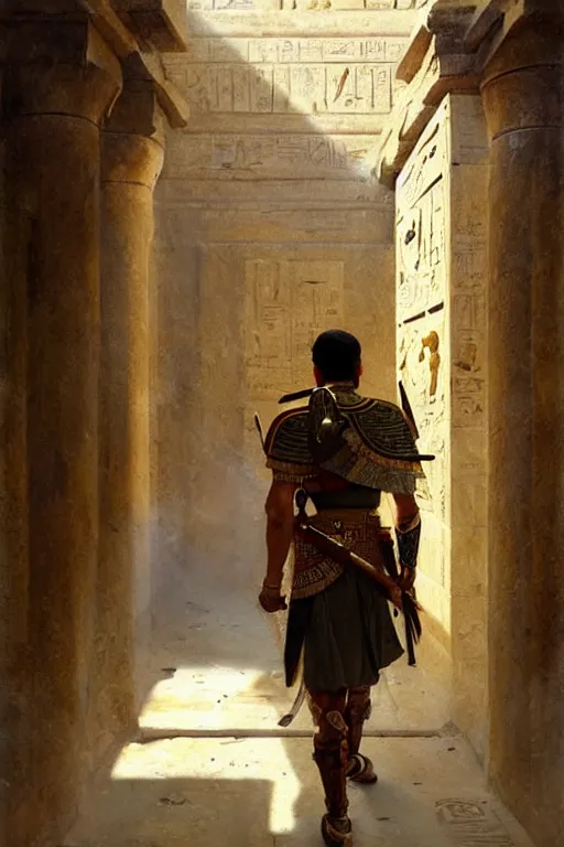 Prompt: an ancient egyptian palace guard walking through the egyptian courtyard by anders zorn, wonderful, masterpiece by greg rutkowski, beautiful cinematic light, by greg manchess, jessica rossier