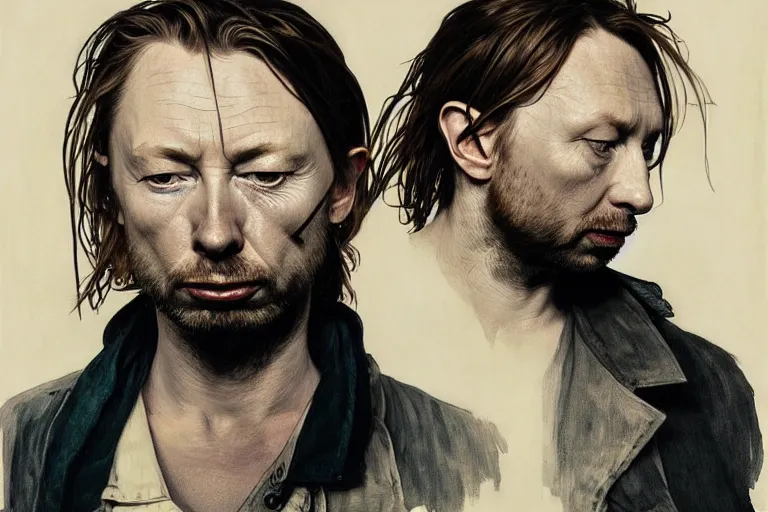 Image similar to hyper realistic portrait of rounder faced thom yorke, bigger nose, bigger chin, sideview, on a stage, by lee bermejo, alphonse mucha and greg rutkowski