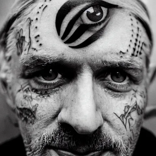 Prompt: black and white press photograph, highly detailed portrait of a depressed old tattooed drug dealer laying in bed, detailed face looking into camera, eye contact, natural light, mist, fashion photography, film grain, soft vignette, sigma 85mm f/1.4 1/10 sec shutter, Darren Aronofsky film still promotional image, IMAX 70mm footage