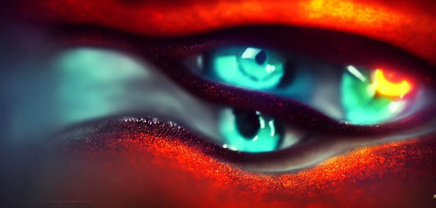 Image similar to dragon eye, rich moody colors, closeup, bokeh, artstation