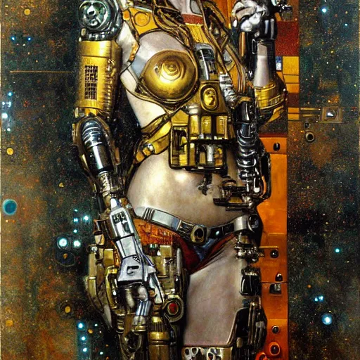 Image similar to cybernetic female supersoldier armed with laser rifle, intricate detail, klimt, royo, whealan,