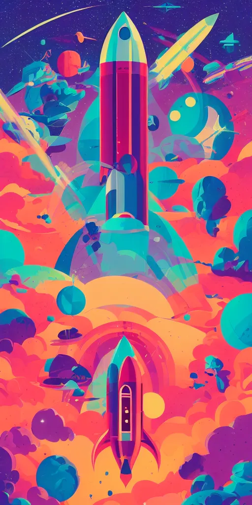 Prompt: colorful space with rocket, tom whalen, james gilleard, liam brazier, tristan eaton