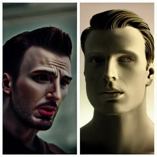 Image similar to “a realistic detailed photo of a guy who is an attractive humanoid who is half robot and half humanoid, who is a male android, Chris Evans, shiny skin, posing like a statue, blank stare”