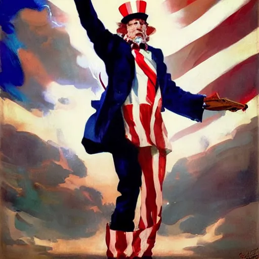 Prompt: greg manchess painting of a propganda poster of uncle sam saying glory to america, painting, trending on artstation, by huang guangjian and gil elvgren and sachin teng