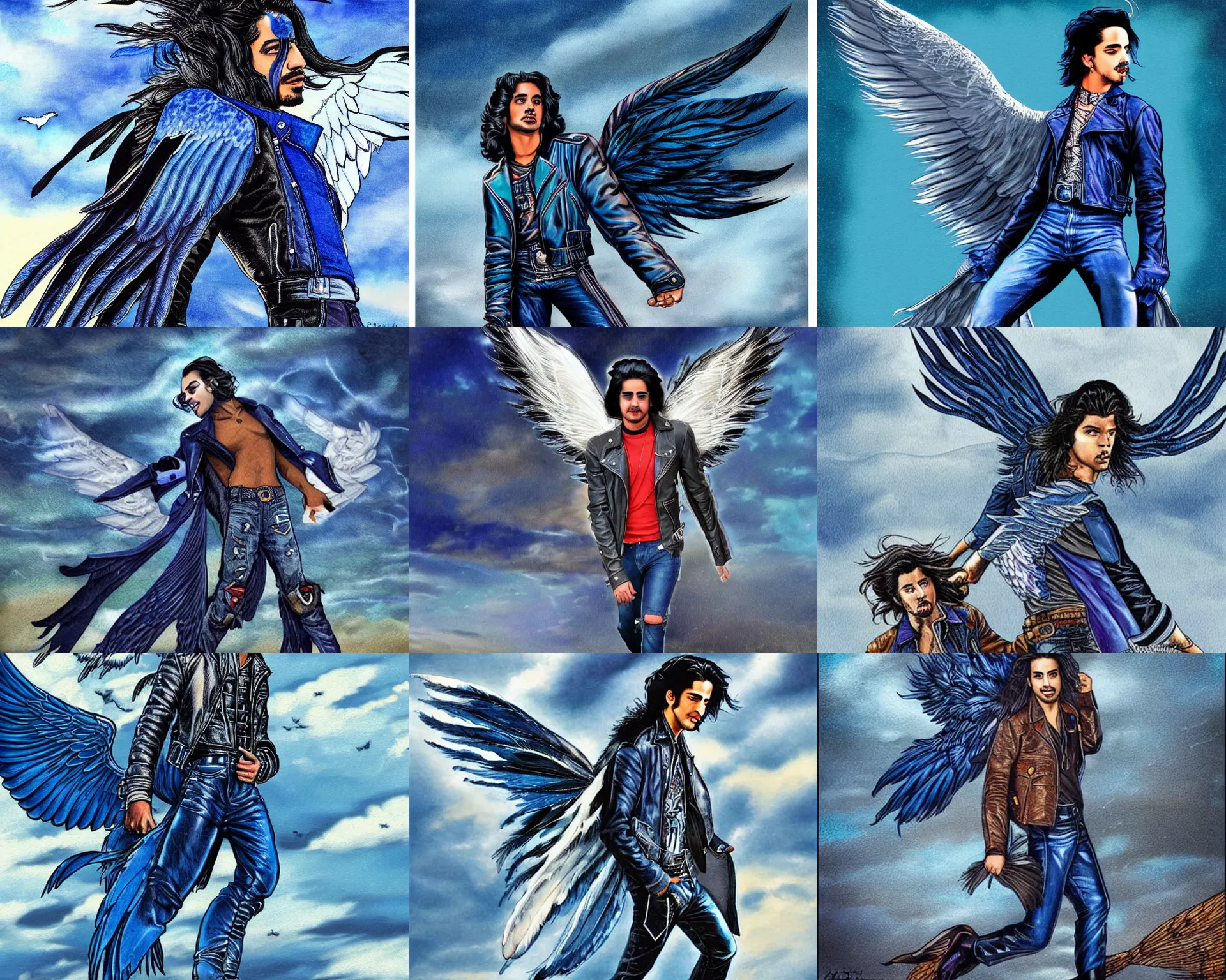 Prompt: angel avan jogia with blue-indigo-feather wings. Leather jacket, boots and jeans. Flying in a stormy sky. Distant full body shot. Artwork by Arthur Adams