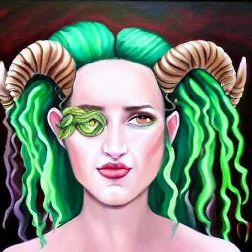 Image similar to a beautiful painting of Ashley Johnson as a satyr with green hair and ribbons, curly horns and goats eyes.