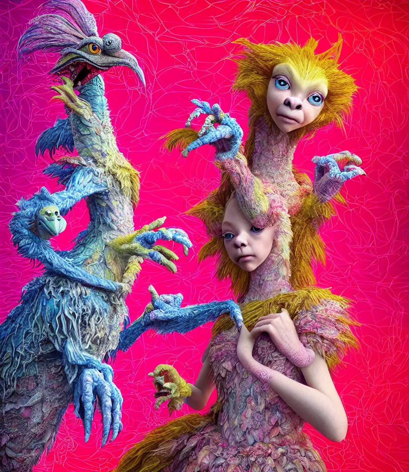 Image similar to hyper detailed 3d render like a Oil painting - kawaii portrait of sisters Aurora (a beautiful girl skeksis muppet fae princess protective playful expressive acrobatic from dark crystal that looks like Anya Taylor-Joy) seen red carpet photoshoot in UVIVF posing in scaly dress to Eat of the Strangling network of yellowcake aerochrome and milky Fruit and His delicate Hands hold of gossamer polyp blossoms bring iridescent fungal flowers whose spores black the foolish stars by Jacek Yerka, Ilya Kuvshinov, Mariusz Lewandowski, Houdini algorithmic generative render, golen ratio, Abstract brush strokes, Masterpiece, Edward Hopper and James Gilleard, Zdzislaw Beksinski, Mark Ryden, Wolfgang Lettl, hints of Yayoi Kasuma and Dr. Seuss, Grant Wood, octane render, 8k