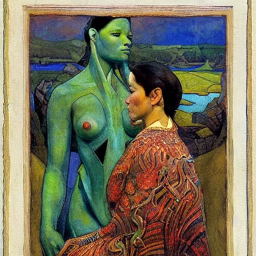 Prompt: the river crown, by Annie Swynnerton and Nicholas Roerich and Diego Rivera, green skin, elaborate costume, geometric ornament, rich color, dramatic cinematic lighting, smooth, sharp focus, extremely detailed