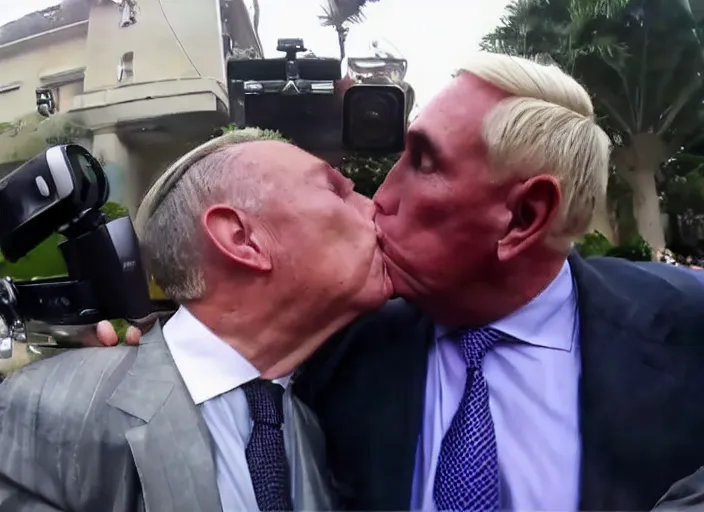 Prompt: highly detailed ultra realistic gopro shot of alex jones smooching roger stone