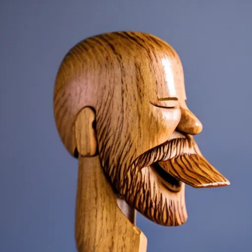 Prompt: wooden sculpture of a bearded viking wearing a vr headset, polished maple, thoughtful, elegant, real