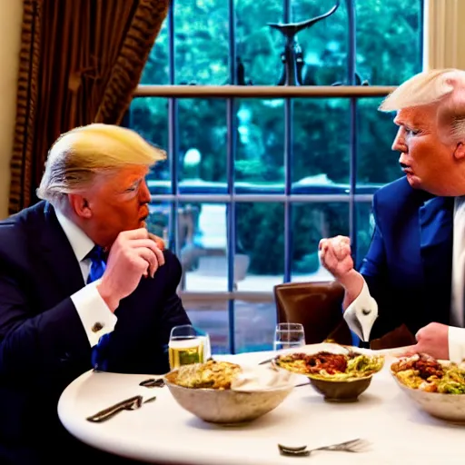 Image similar to Trump and Biden having dinner at a fancy Greek restaurant, award winning cinematic photography, 50 mm, blurred background, trending on Flickr