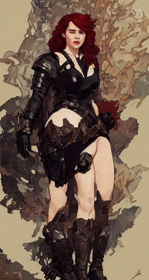 Image similar to redhead emilia clarke wearing black armour with bare legs, mucha, hard shadows and strong rim light, art by jc leyendecker and atey ghailan and sachin teng