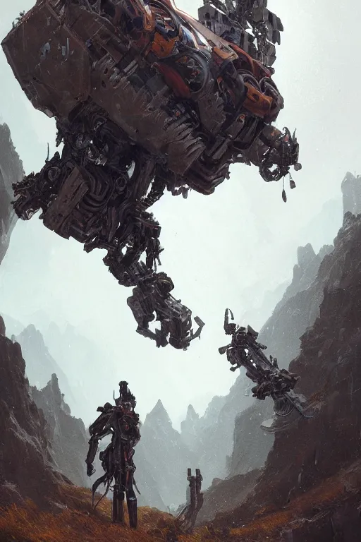 Prompt: a detailed portrait of a giant mechanical humanoid in the mountains by Greg Rutkowski, Sung Choi, Mitchell Mohrhauser, Maciej Kuciara, Johnson Ting, Maxim Verehin, Peter Konig, final fantasy, Marco lense , 8k photorealistic, cinematic lighting, HD, high details, atmospheric , trending on artstation