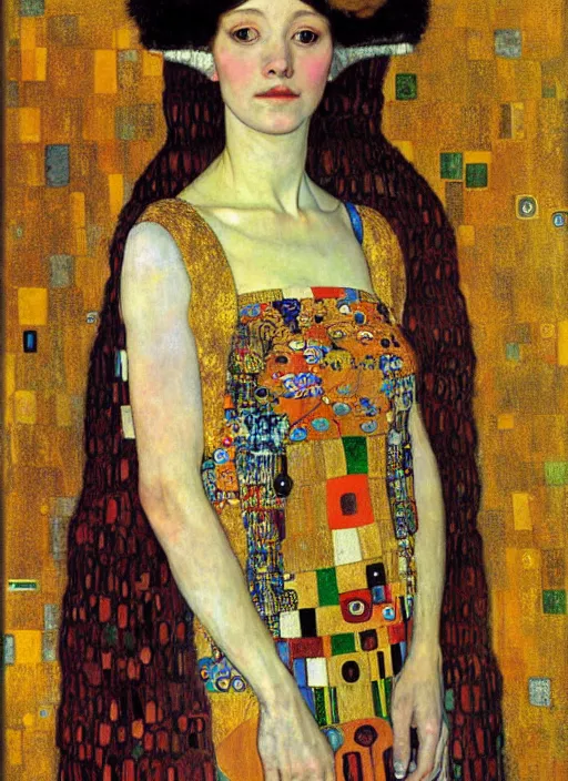 Image similar to portrait of young woman in renaissance dress and renaissance headdress, art by gustav klimt