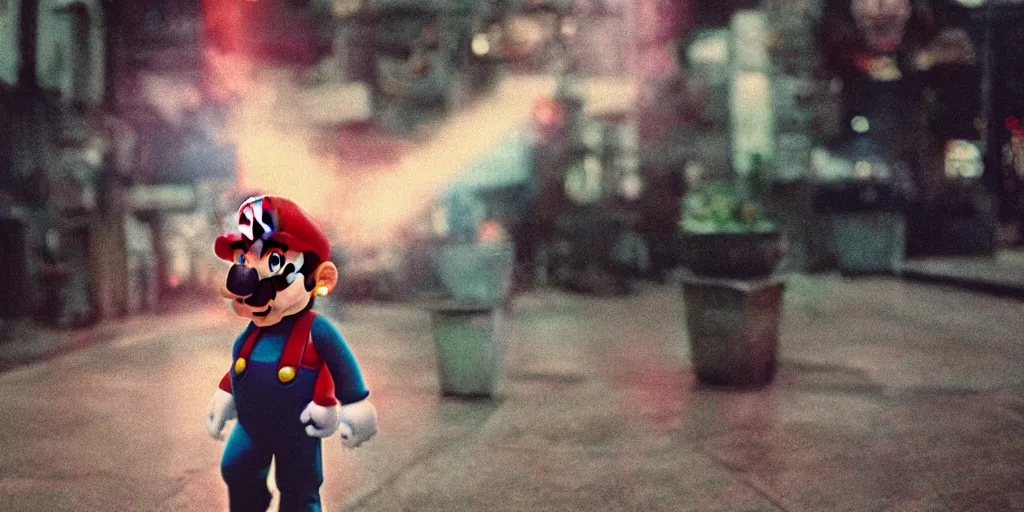 Image similar to super mario, matrix, dslr film, cinestill 8 0 0 t, cinematic shot, white noise, matrix filter