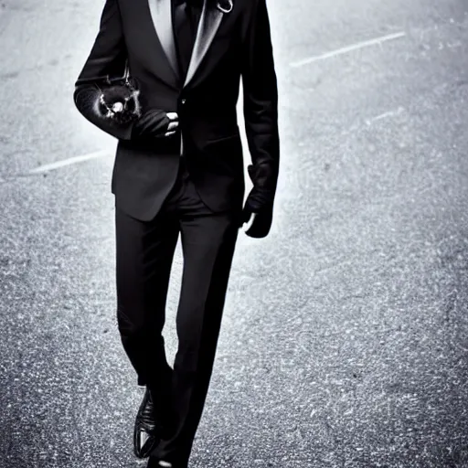 Image similar to a cat gentleman wearing a black leather hat, black suit, frontal view, cool looking