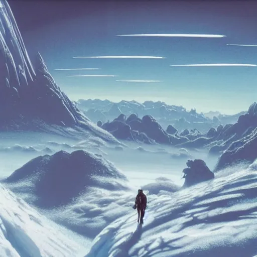 Image similar to Frozen frontiers on an alien planet, floating mountains above clouds in the background, vanishing perspective of a road, ravine, Syd Mead, John Harris, Federico Pelat,