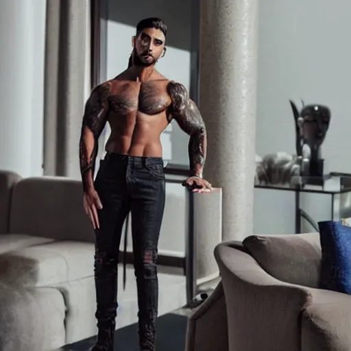 Prompt: a realistic detailed photo of a guy who is an attractive humanoid who is half robot and half humanoid, who is a male android, singer maluma, shiny skin, posing like a statue, blank stare, in a living room, on display, showing off his muscles