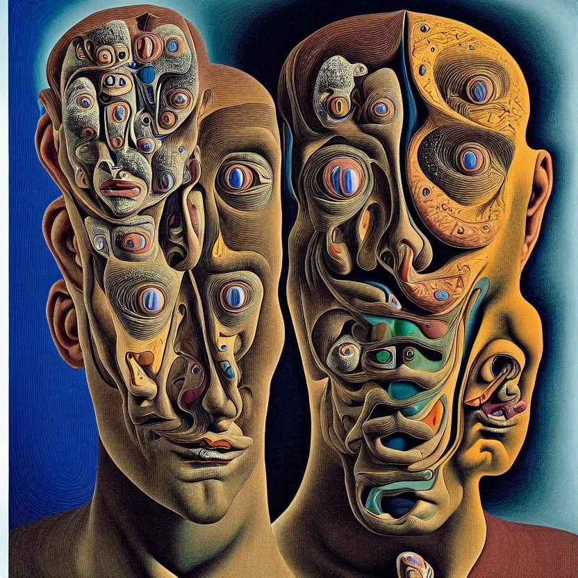 Image similar to a face coming out of a face coming out of a man's head, recursion, fractals, surreal, by salvador dali and mc escher and max ernst, oil on canvas, weird, dreams, fantasy, intricate details, soft lighting, warm colors