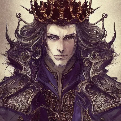 Image similar to portrait of a king, baroque style, elegant, beautiful, mesmerizing, concept art, fancy clothing, highly detailed, artstation, behance, deviantart, inspired by innocent manga, inspired by castlevania concept art, trending, ayami kojima, shinichi sakamoto