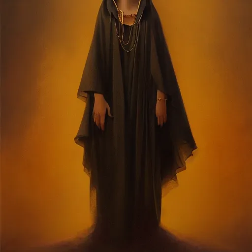 Image similar to a portrait of a young woman wearing a long dark cloak, hood and shadows covering face, holding golden chains, oil painting, matte painting, black background, Volumetric Golden dappled dynamic lighting, Highly Detailed, Cinematic Lighting, Unreal Engine, 8k, HD, by Beksinski