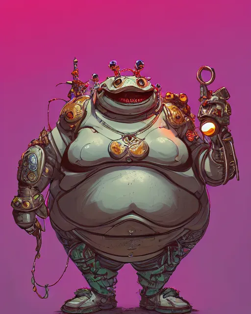 Image similar to a fat slimy anthropomorphic toad king wearing ornate cyberpunk armor, smooth, intricate, elegant, digital painting, artstation, steam, grungy steel, concept art, sharp focus, octane render, illustration, art by josan gonzalez, overwatch character,