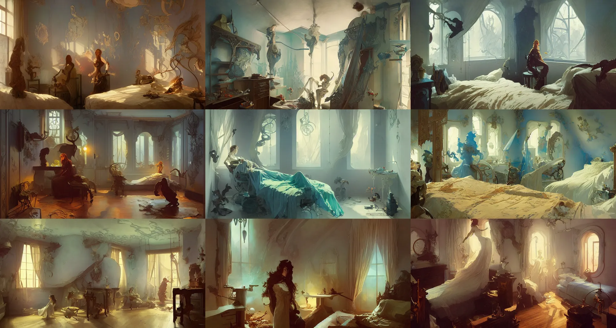 Prompt: small bedroom, minimalistic, art nouveau architecture, fantasy, art by joseph leyendecker, peter mohrbacher, ivan aivazovsky, ruan jia, reza afshar, marc simonetti, alphonse mucha