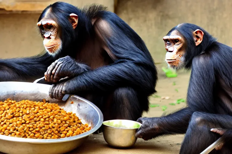 Image similar to chimpanzees cooking lentil dhaal, 32K