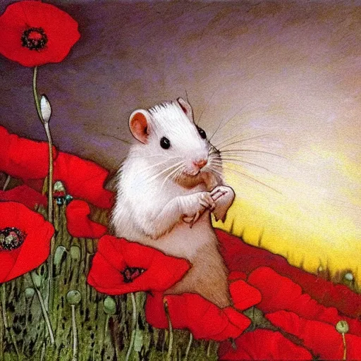 Prompt: a masterpiece painting by alfred mucha : a small white rat taking the sun in a poppy field with a red sunset in the background