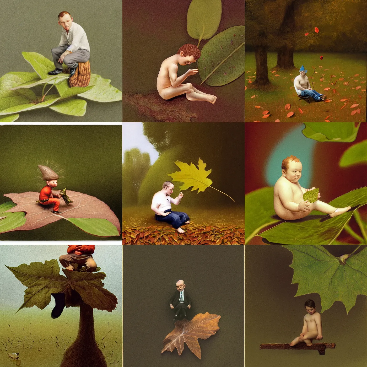 Prompt: Tiny adult man sits on a leaf, illustration by Michael Sowa, but as photography