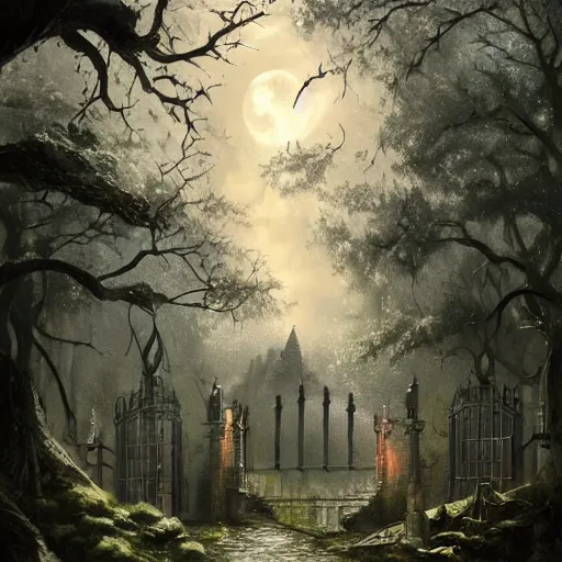 Prompt: a hidden gate in the trees, victorian setting, dramatic light, castle background, clouds, moon, storm, night, high detail, fantasy background, painted by greg rutkowski, digital art, trending on artstation