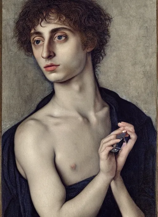 Image similar to (((( a painting of a Timothee Chalamet brushing his teeth, a character portrait by Dürer, behance, pre-raphaelitism, da vinci, pre-raphaelite, detailed painting“