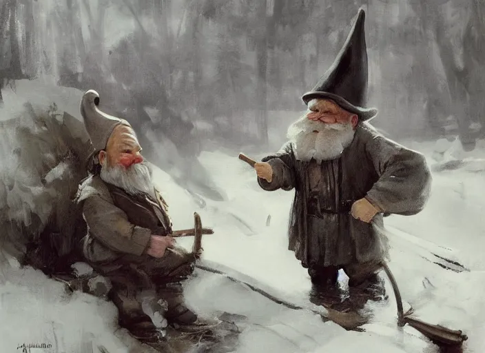 Image similar to oil painting, scandinavian gnome, dwarf, small with gray clothes, pointy top hat, in barn environment, hay and wooden tools, high detailed art by anders zorn, wonderful masterpiece by greg rutkowski, beautiful cinematic light, american romanticism by greg manchess, creation by tyler edlin