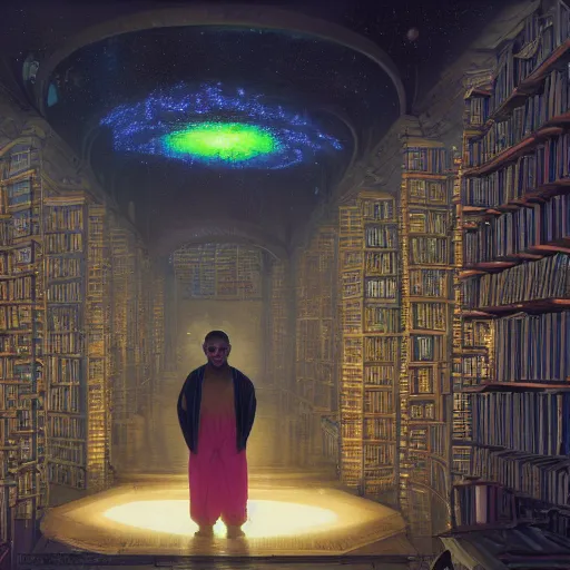 Prompt: a breathtaking 8 k resolution matte painting of a black boy wearing neon robes inside a vast and endless four dimensional solarpunk library a the end of the galaxy, detailed face, timbuktu, in a symbolic and meaningful style, by m. c. escher and greg rutkowski and zdislaw beksinki, radiant lighting, concept art, retrowave