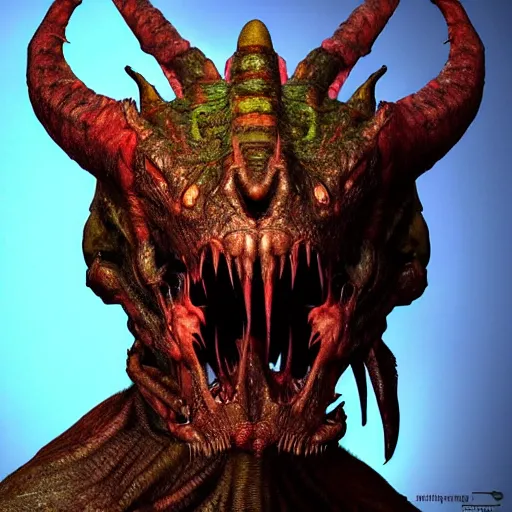 Image similar to photorealistic demonic deathclaw humanoid in the style of michael whelan and mark cooper. hyperdetailed photorealism, 1 0 8 megapixels, amazing depth, high resolution, 3 d shading, 3 d finalrender, 3 d cinematic lighting, glowing rich colors, psychedelic overtones, artstation concept art.