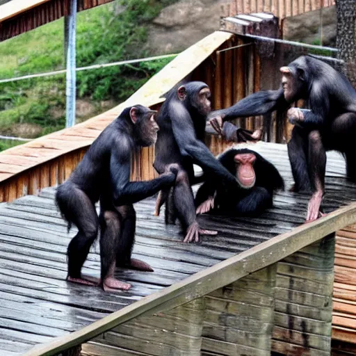 Prompt: 3 Chimps Fighting on the Ramp to Noah's Ark as it Starts to rain