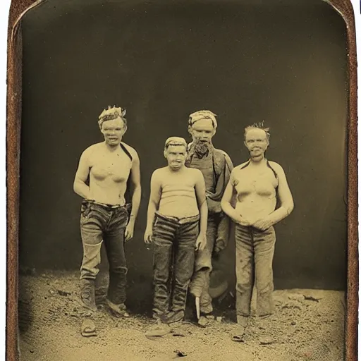 Image similar to group of worn down youths walking through nevada desert, carrying bindles, 2 0 3 7 tintype photograph