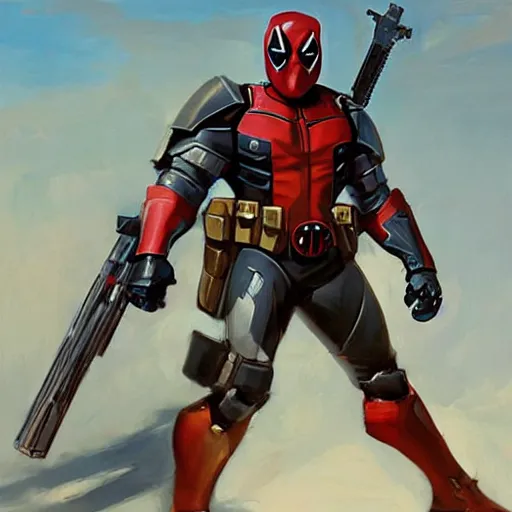 Image similar to greg manchess portrait painting of armored deadpool as overwatch character, medium shot, asymmetrical, profile picture, organic painting, sunny day, matte painting, bold shapes, hard edges, street art, trending on artstation, by huang guangjian and gil elvgren and sachin teng