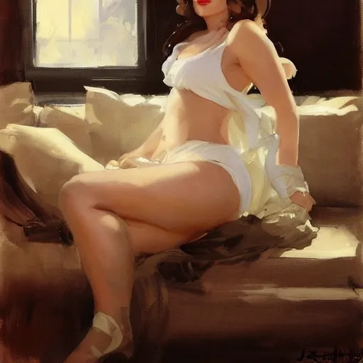 Prompt: portrait of kelly brook reclining on a couch greg manchess painting by sargent and leyendecker, studio ghibli, fantasy, medium shot, asymmetrical, intricate, elegant, matte painting, illustration, hearthstone, by greg rutkowski, by greg tocchini, by james gilleard, by joe fenton