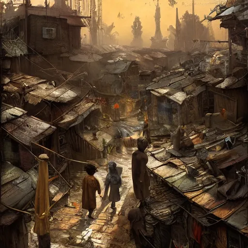 Image similar to slum neighborhood in lord of the ring world, fantasy, on artgerm, ilya yefimovich repin style, hyperrealistic content, high definition content, intricate, delete duplicate content, justify content center, left align, right align, ultra detailed content, ultra realistic human + environment + animal content, 5 dark tone colors